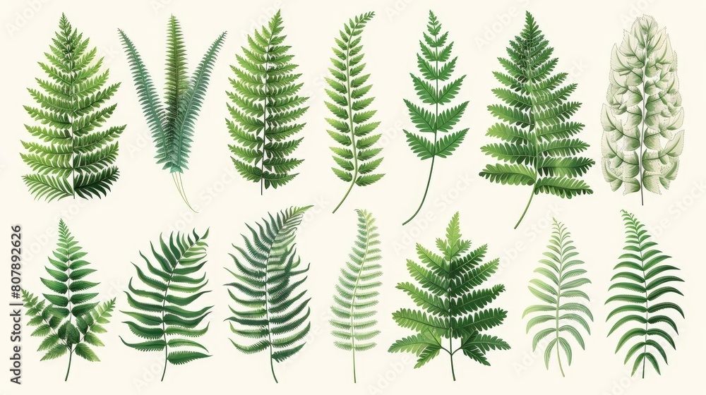 botanical illustration of ferns on a isolated background botanical illustration of ferns on a isolated background
