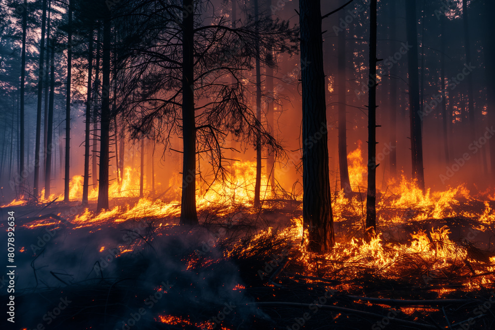 A forest fire is raging through a forest, with smoke