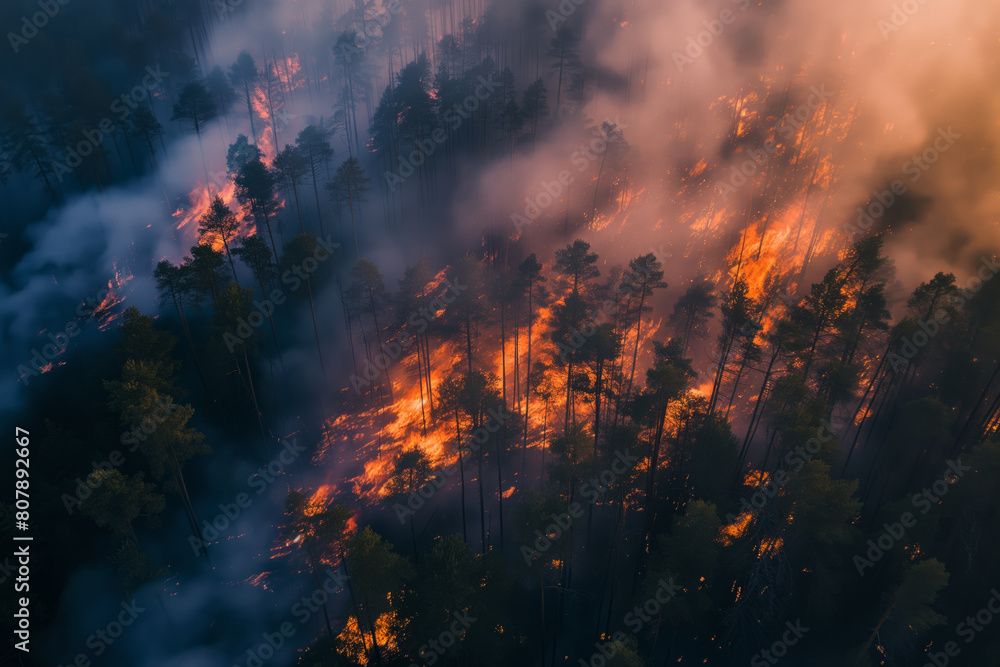 Fototapeta premium A forest fire is raging through a forest, with smoke
