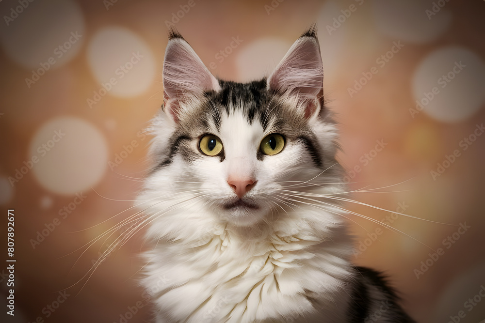Obraz premium Serene Long-haired Cat with Striking Green Eyes Amidst Vibrant Flowers
