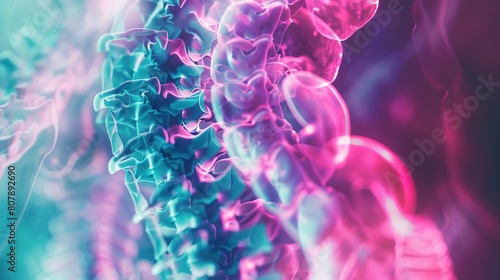 Closeup view of an intestinal Xray with subtle vaporwave elements, emphasizing the artistic integration in a medical setting photo