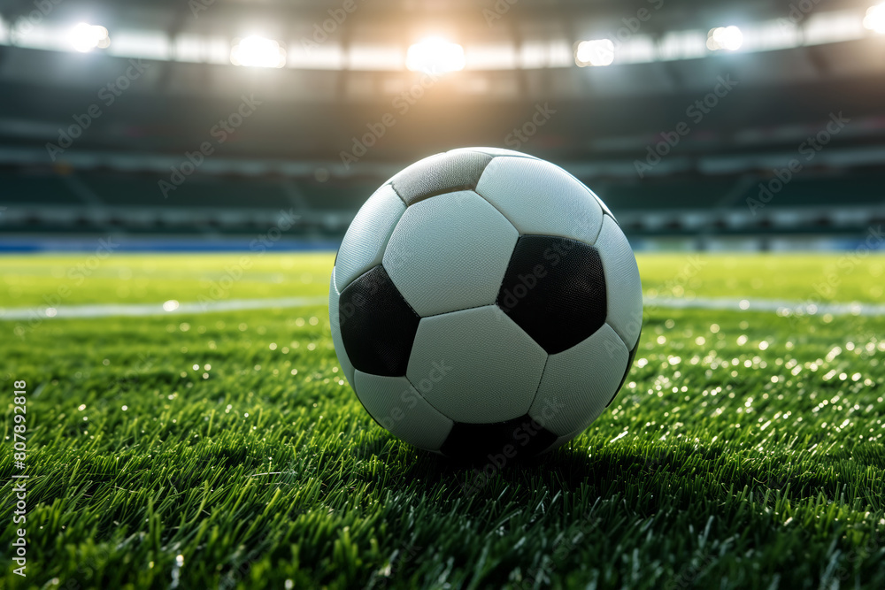 A soccer ball on a green field in soccer football stadium