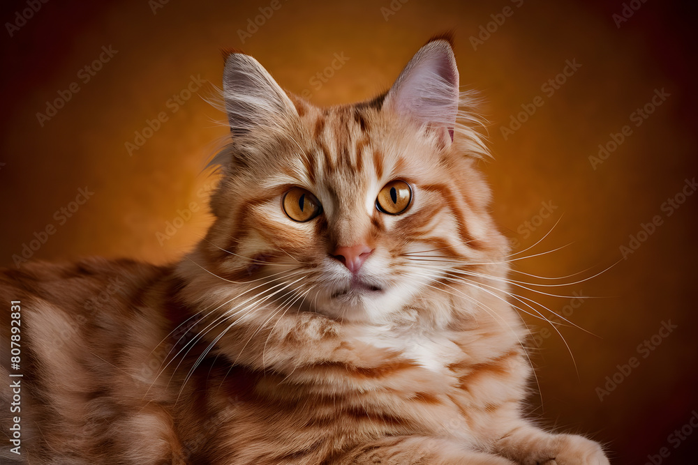 Portrait of a Ginger Cat with Stunning Amber Eyes on a Smooth Background