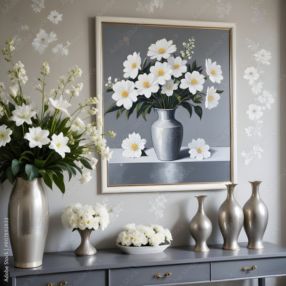 A gray and white floral painting on the wall , with a vase of white flowers and three metallic vases on a gray console table in the foreground A gray and white floral painting on the wall , with a vase of white flowers and three metallic vases on a gray console table in the foreground