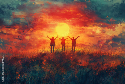 Friends standing on a hilltop, arms raised in triumph as they watch the sunrise together, symbolizing the start of a new day filled with friendship and possibilities. Watercolor st © Наталья Евтехова