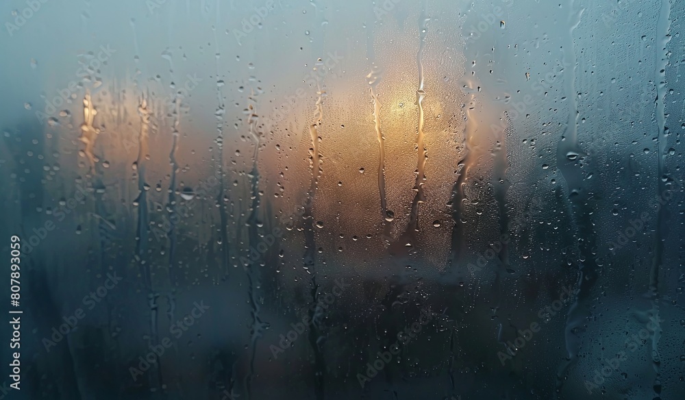 Obraz premium Misty window view of a golden sunrise