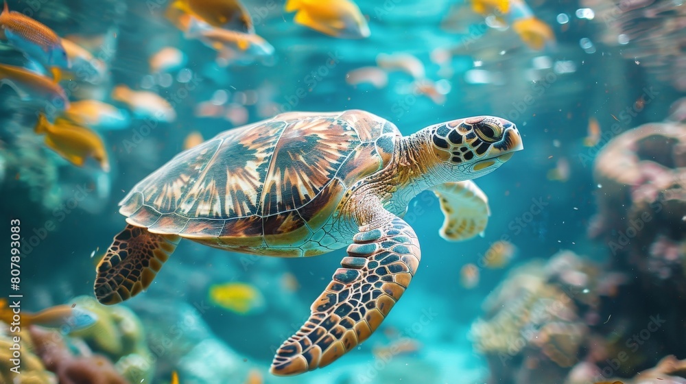 A turtle gracefully navigates through an aquarium teeming with various fish species A turtle gracefully navigates through an aquarium teeming with various fish species