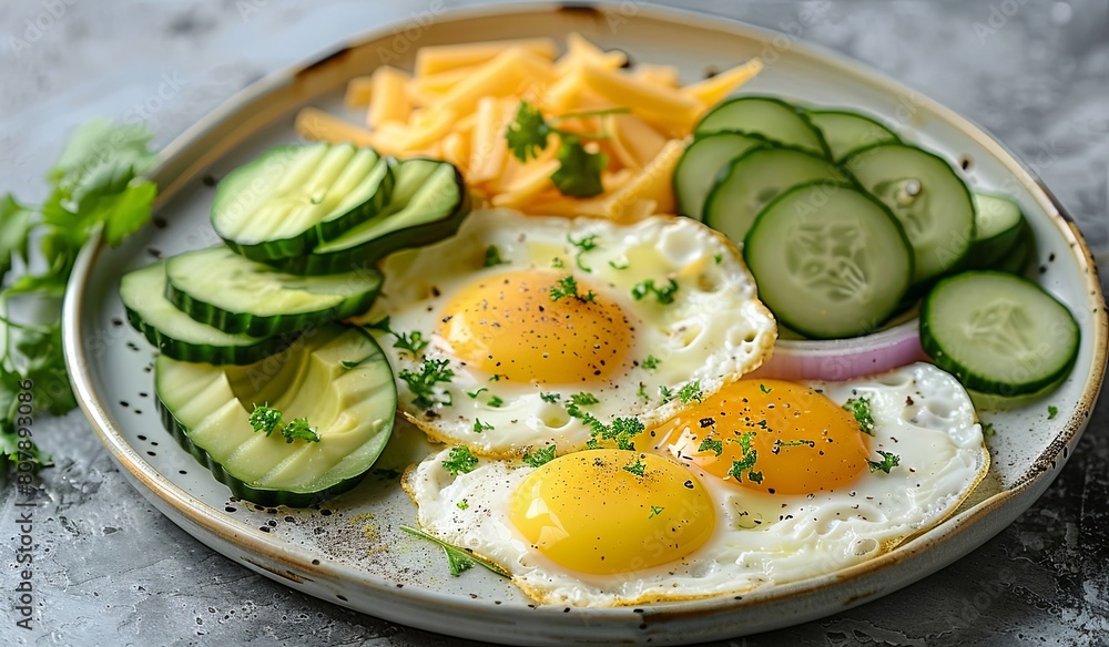 Sunny side up eggs with sliced cucumber and cheddar cheese on plate Sunny side up eggs with sliced cucumber and cheddar cheese on plate
