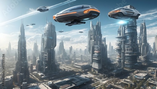 A futuristic cityscape with flying cars and skyscr upscaled 8 photo