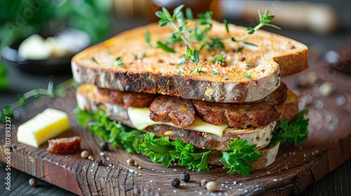 Gourmet sausage sandwich on rustic wooden board