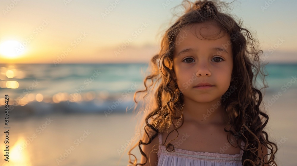 an adorable little girl with long curly brown hair standing on the beach at sunset, looking into the camera, with a cute face, in natural light. generative AI an adorable little girl with long curly brown hair standing on the beach at sunset, looking into the camera, with a cute face, in natural light. generative AI