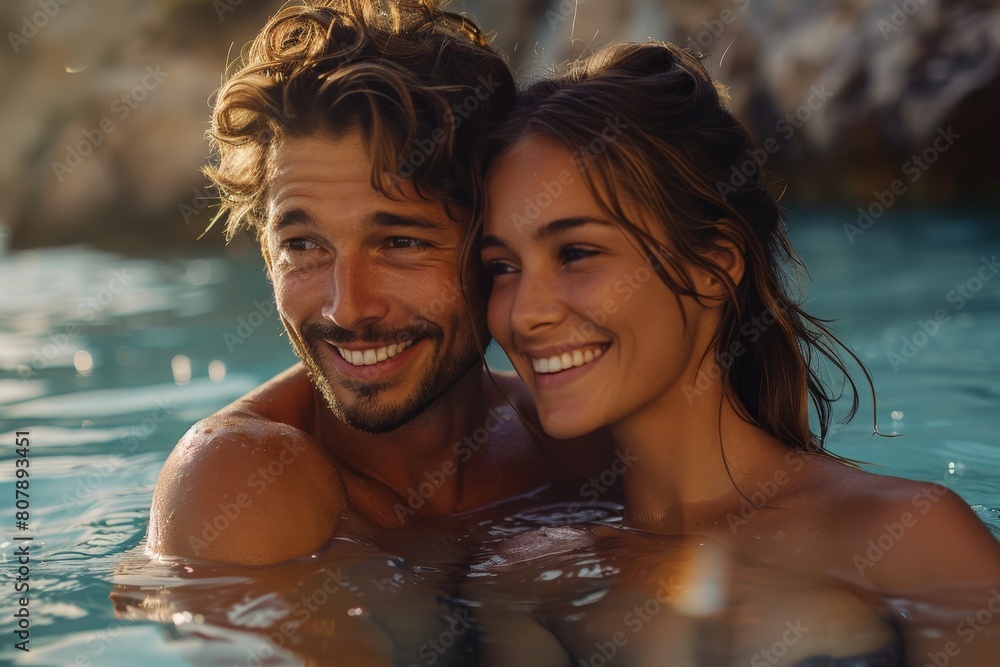 A man and woman are swimming in a pool during a sunny day, enjoying the water and the exercise