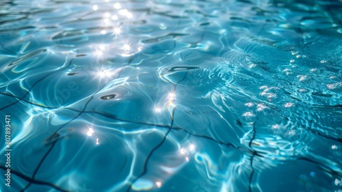 Detailed view of the clear blue water in a swimming pool, showcasing ripples and reflections photo