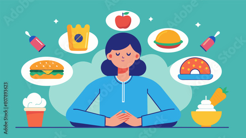 Using selfdiscipline and mindfulness when dealing with food cravings making conscious and deliberate choices.. Vector illustration