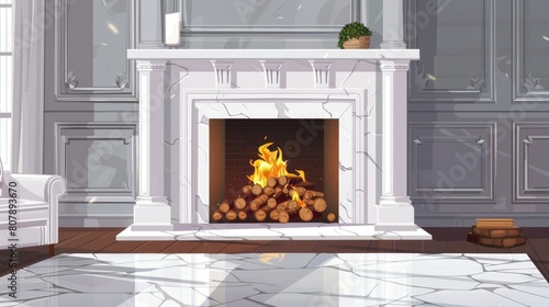 This is a modern realistic illustration showing a marble fireplace with a pile of logs inside an empty living room. The fireplace is framed in stone, with pilasters and a mantelpiece, and the photo
