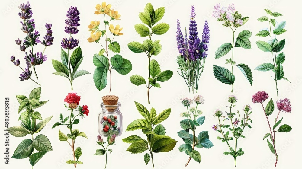botanical illustration of herbal tea ingredients featuring purple and red flowers, green leaves, and a glass jar