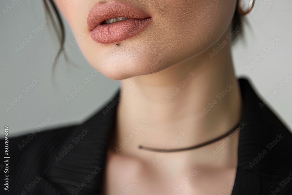 Close-Up of Bold Red Lips with Nose Piercing, Fashion Beauty Concept Close-Up of Bold Red Lips with Nose Piercing, Fashion Beauty Concept