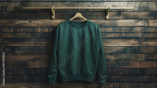 plain blank forest green Gildan 18000 swearshirt mockup hanging from a pretty rod