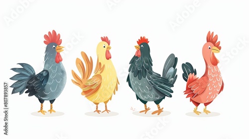 Colorful cartoon roosters strutting in a row on white background