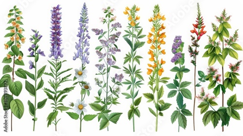 botanical illustration of medicinal plants featuring a variety of colorful flowers, including purple, white, yellow, and purple - and - white blooms, with a green leaf in the foreground