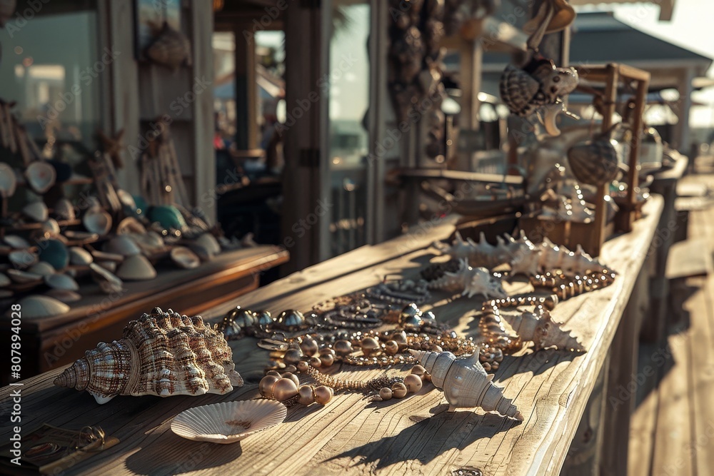 Seashell shop by the sea on bokeh style background