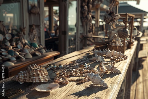 Seashell shop by the sea on bokeh style background