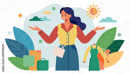 A sustainable fashion guru discussing the impact of synthetic fabrics on the environment and promoting the use of natural thrifted materials.. Vector illustration