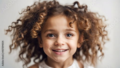 happy portrait of a little girl with curly hair, isolated white background 