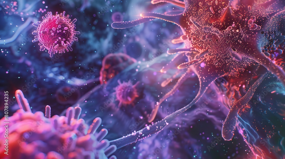 A detailed view of intestinal cancer cells under a microscope, set against a soothing vaporwave backdrop to enhance educational and diagnostic visuals A detailed view of intestinal cancer cells under a microscope, set against a soothing vaporwave backdrop to enhance educational and diagnostic visuals