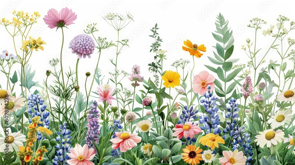 botanical illustration of medicinal plants featuring a variety of colorful flowers, including yellow, pink, purple, and white blooms, with a green leaf in the foreground