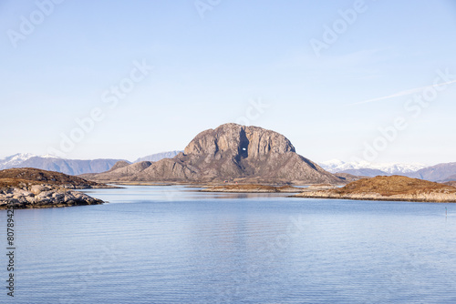 Torghatten mountain seen from the coastal express ship Ms Nordkapp