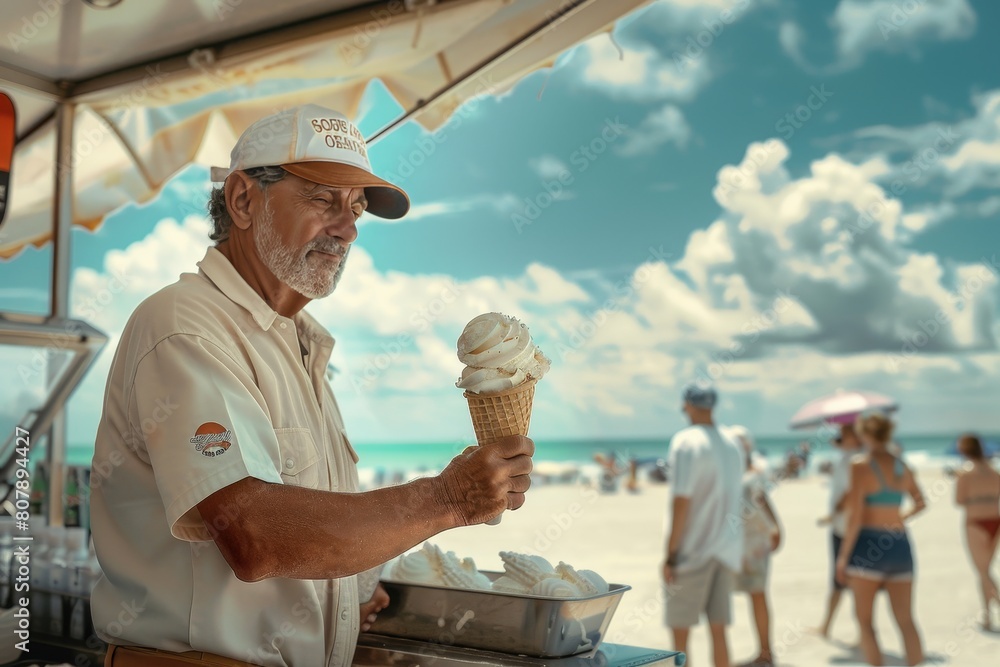old man selling ice cream on the beach on bokeh style background old man selling ice cream on the beach on bokeh style background
