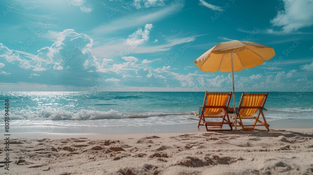 Two chairs sit on a sandy beach under a yellow umbrella, facing the ocean on a sunny day Two chairs sit on a sandy beach under a yellow umbrella, facing the ocean on a sunny day