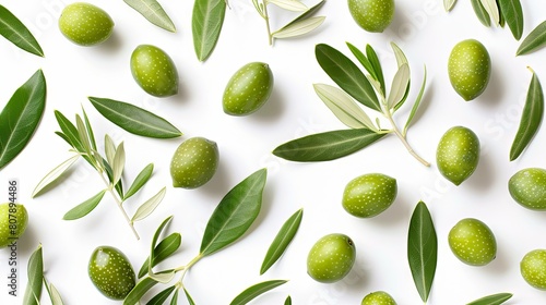 Fresh green olives and leaves pattern on white background photo