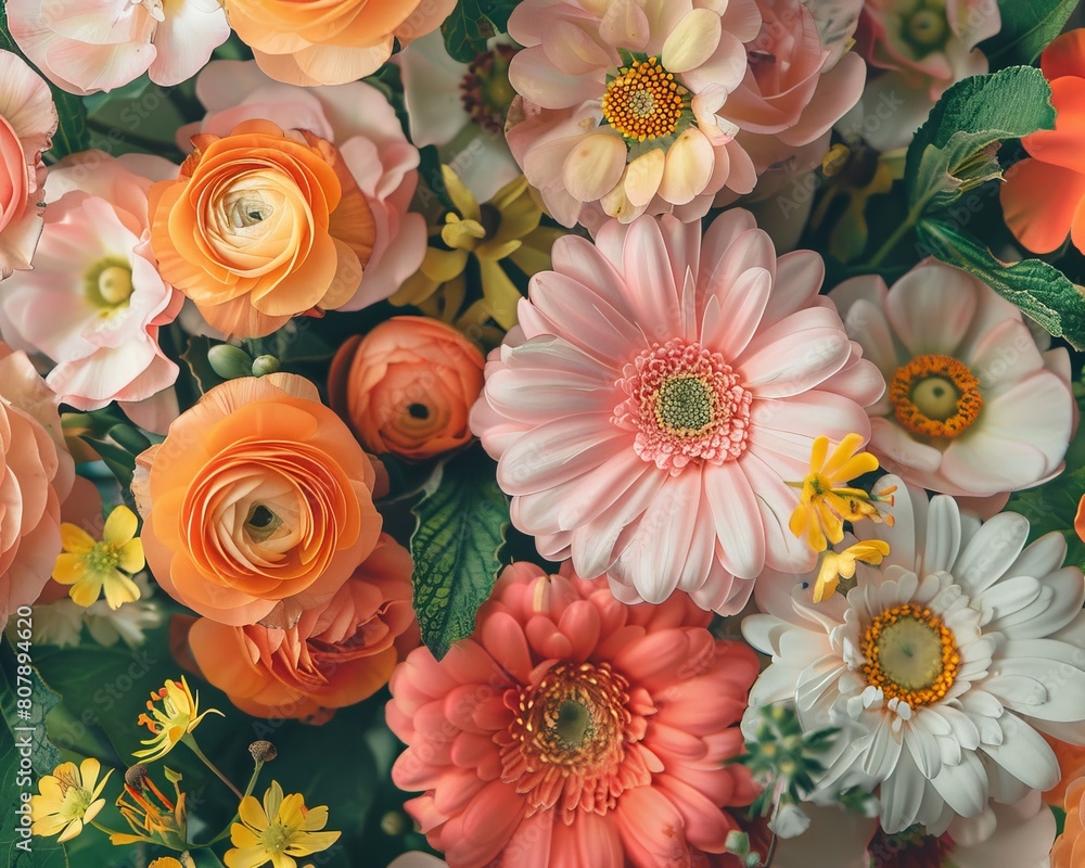 The image shows a variety of flowers including pink and white gerbera daisies, peach and yellow ranunculus, and white and yellow daisies