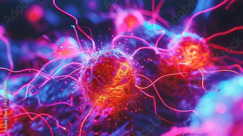 A conceptual image of a hightech medical examination of cancer cells, with micro to macro scaling, accentuated by dynamic neon lighting for dramatic effect