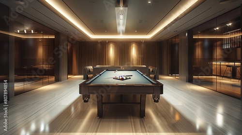 The minimalist modern decor of this billiards lounge offers a sleek and refined ambiance. Generative AI. photo