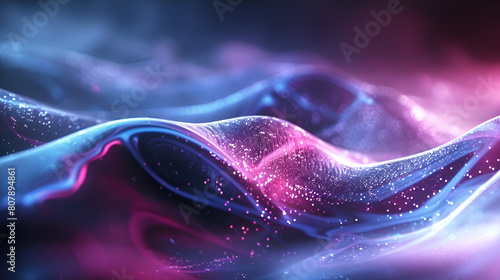 A vibrant and dynamic wave of brilliant colors emerges from a velvety black background, creating a stunning visual display,3d rendering of abstract wavy metallic surface with glowing particles in it