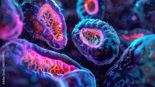 A highresolution image of intestinal cells under a microscope, highlighted by striking neon accents, merging microscopic detail with macroscopic medical analysis photo