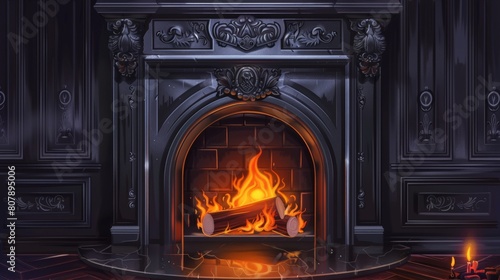 Realistic 3D modern illustration of fireplace with burning wood, black marble or gypsum chimney, classic fire place with flaming logs, classic home interior design, vintage house design, cozy heating