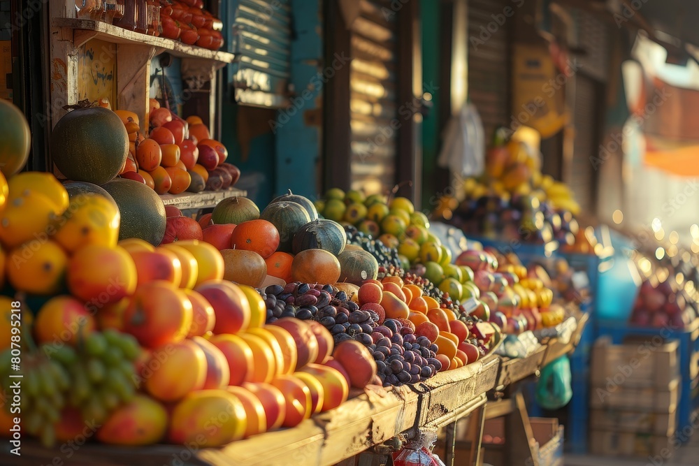 fruits shop on the beach on bokeh style background