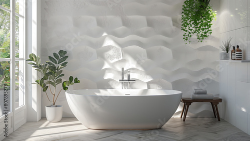 Modern interior of a white bathroom. Place for products on the table.