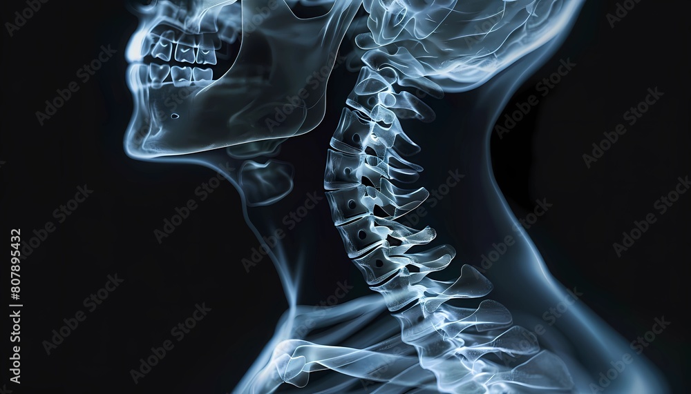X-ray of a human skull and cervical spine the dental structure and vertebrae. Concept of craniofacial diagnostics, dental health, and medical education X-ray of a human skull and cervical spine the dental structure and vertebrae. Concept of craniofacial diagnostics, dental health, and medical education