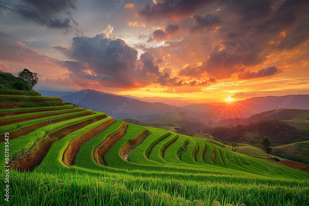 Green rice fields with rows of paddy seedlings