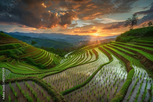 Green rice fields with rows of paddy seedlings