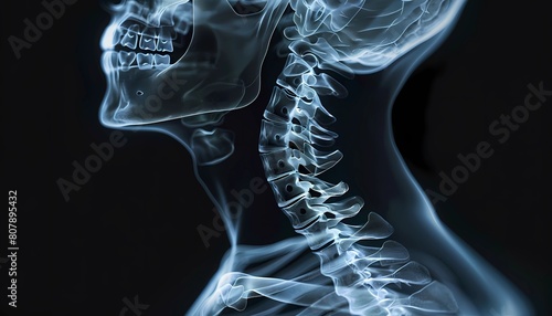 X-ray of a human skull and cervical spine the dental structure and vertebrae. Concept of craniofacial diagnostics, dental health, and medical education  photo