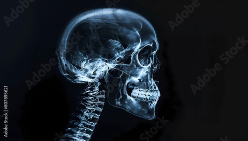 X-ray of human skull on black background showcasing the intricate bone structure Concept of radiological imaging medical diagnostics and forensic analysis