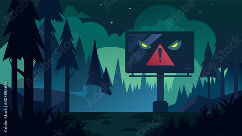 A billboard featuring a dark and ominous forest with a warning message about the dangers of venturing into unknown territory..