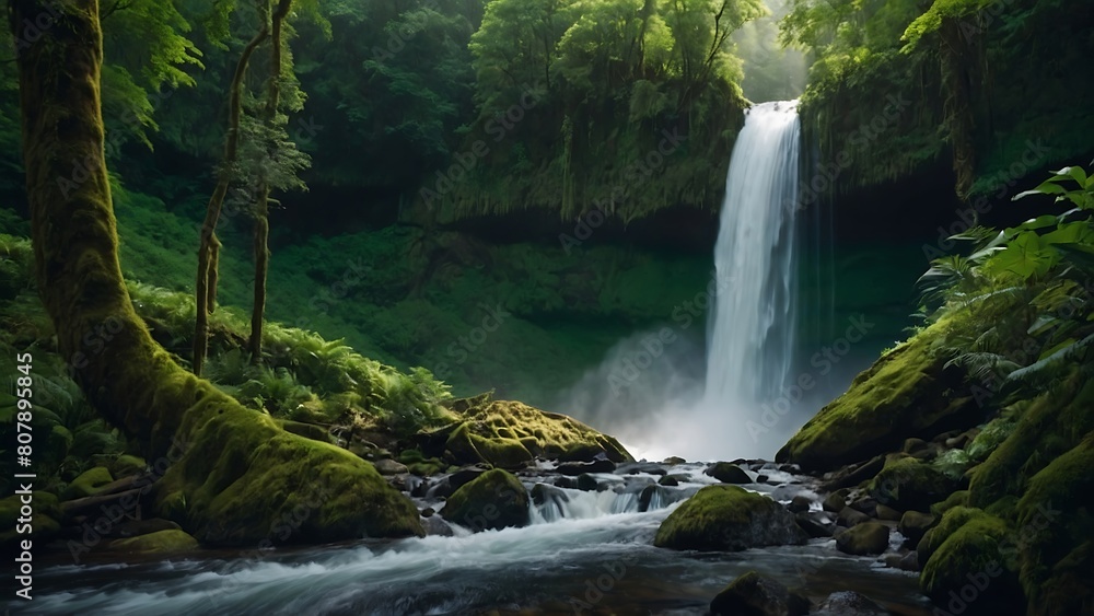 Fototapeta premium Emerald Cascades: Serene Forest Waterfall