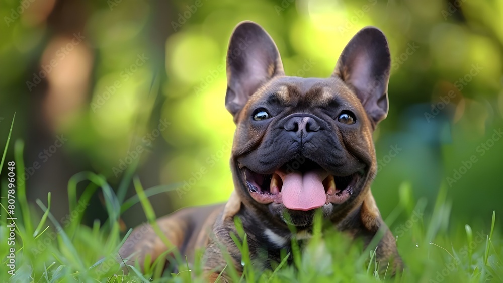 Joyful French Bulldog playing outside exuding carefree happiness and positive vibes. Concept Dog Photography, French Bulldog, Outdoor Portraits, Carefree Happiness, Positive Vibes